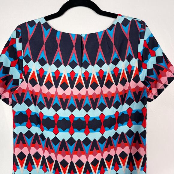 J Crew Size 2 Blue Pink Red Geometric Print Sheath Dress Short Sleeve Keyhole - Picture 7 of 12